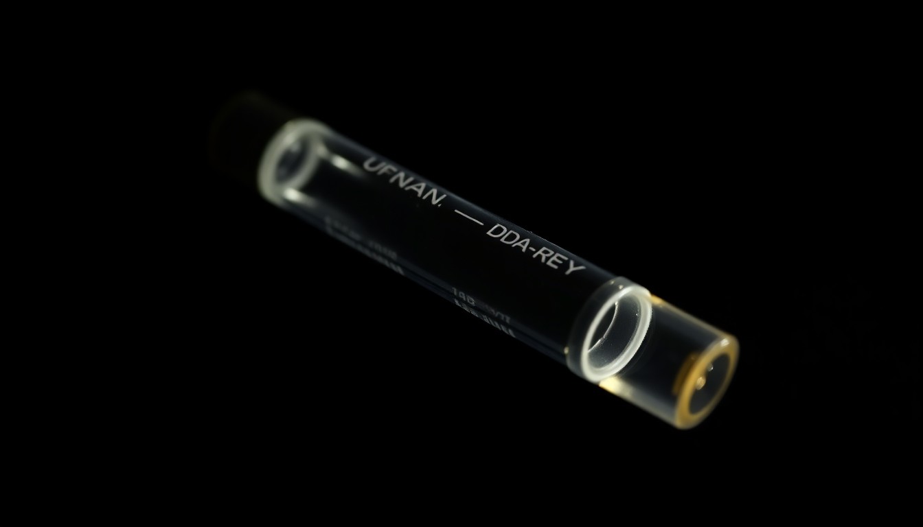 An extreme close-up photograph of a DNA test tube or other crime scene evidence item lit by a harsh, direct camera flash against a pitch-black background, conceptually illustrating the high-stakes legal battle over inconclusive DNA evidence.