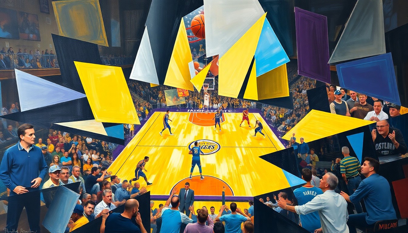 A cubist, geometric painting depicting a basketball game between the Lakers and Thunder, with the players and court broken down into overlapping angular shapes and planes in vibrant colors.