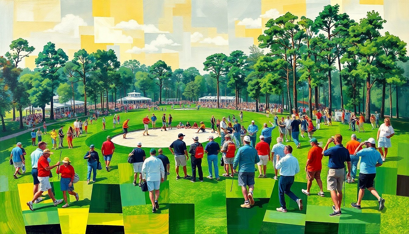 A cubist, geometric painting depicting the vibrant energy and movement of golf fans exploring the grounds of the Augusta National Golf Club, with the iconic clubhouse and golf course visible in the background through the fractured, overlapping planes of color and shape.