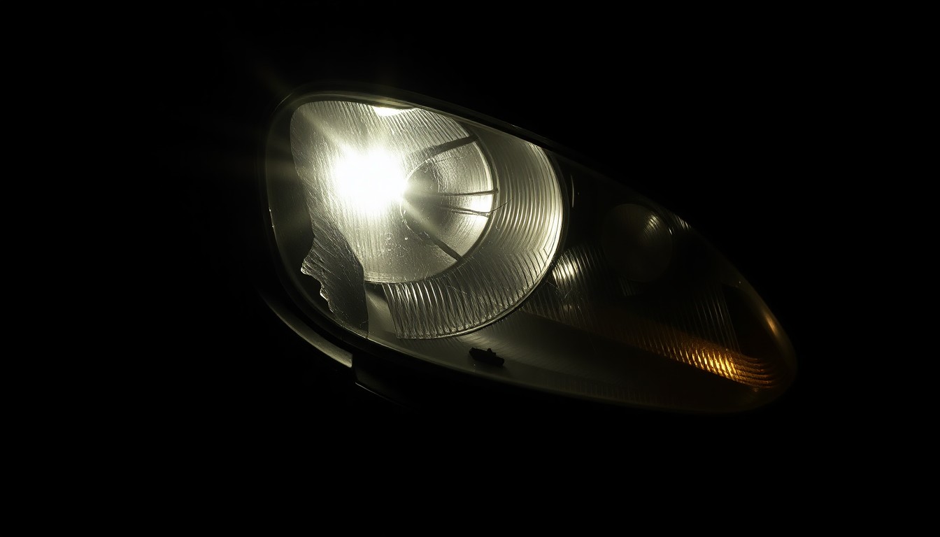 An extreme close-up photograph of a damaged car part, such as a crumpled fender or broken headlight, lit by a harsh, direct camera flash against a pitch-black background, conveying the gritty, investigative nature of the incident.