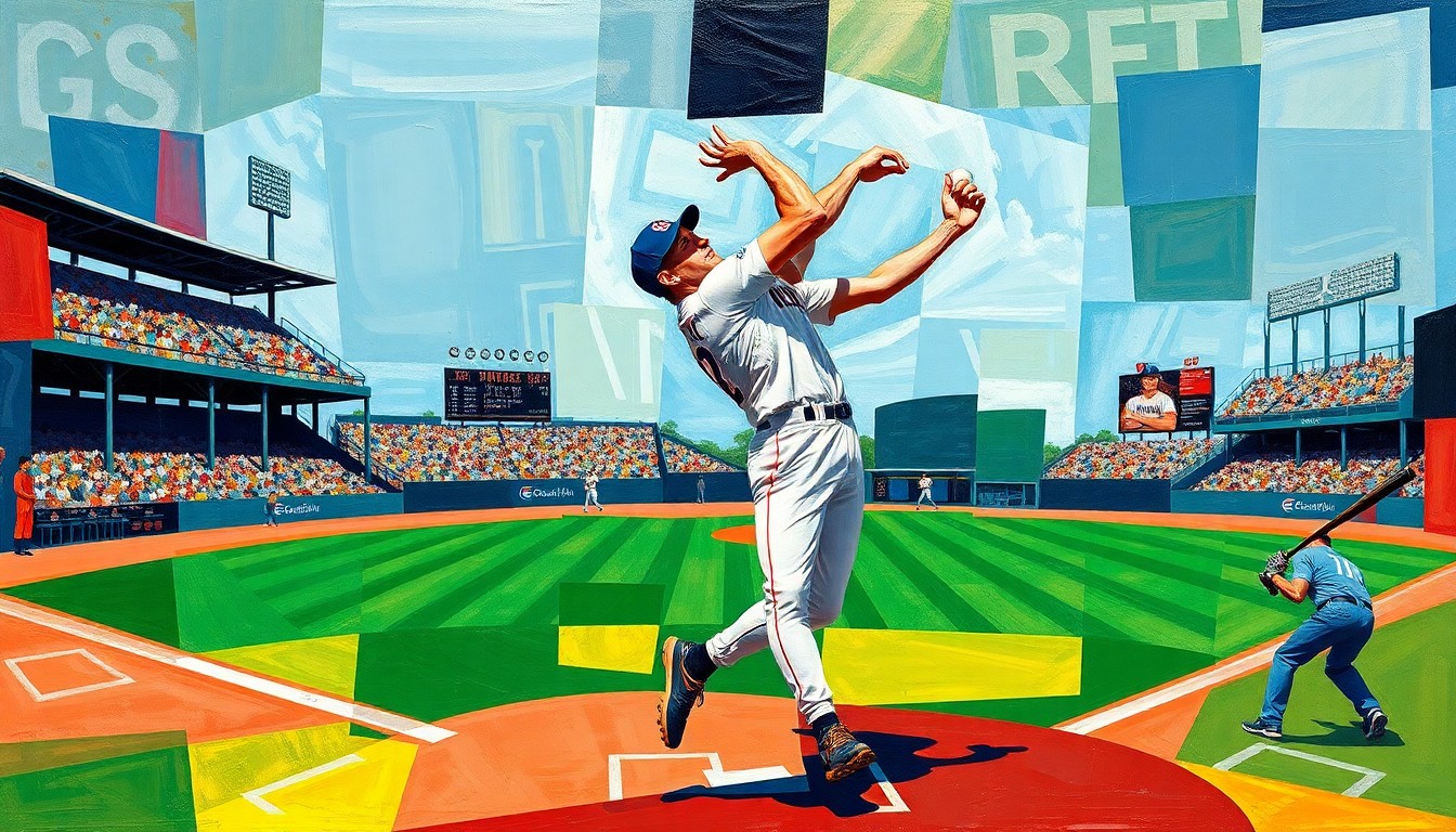 A cubist, geometric painting depicting a baseball pitcher mid-leap, catching a popup in the air, with the baseball diamond and player uniforms broken down into sharp, overlapping planes of color.