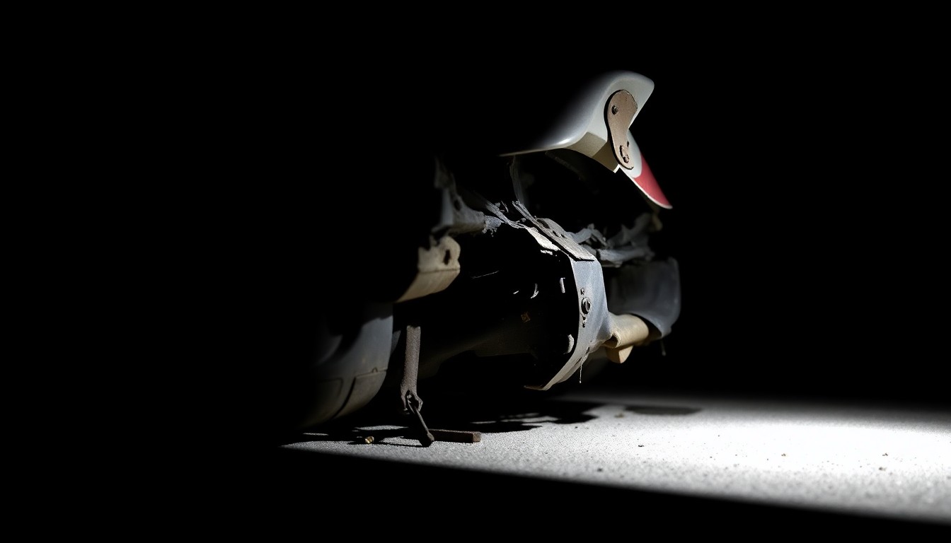 An extreme close-up photograph of a twisted, damaged car part reflecting a harsh, direct flash of light, conveying the gritty aftermath of a train collision.