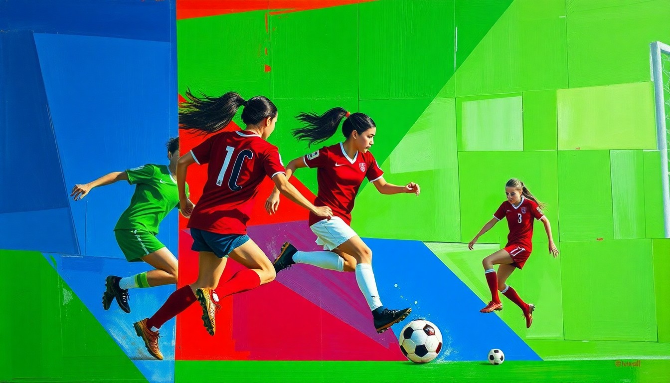 A cubist, geometric painting depicting a girls' soccer match, with overlapping planes of bright green, royal blue, and crimson red shapes representing the players, ball, and field.