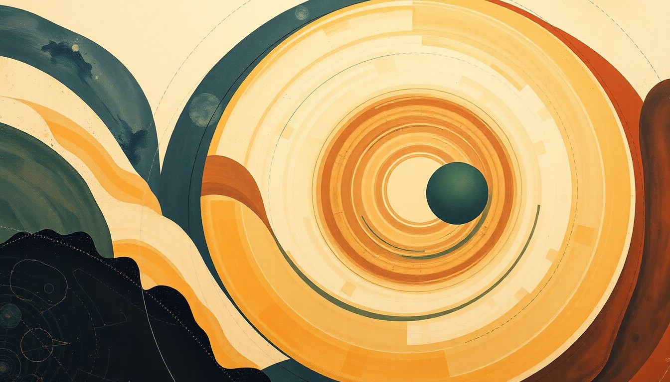 A highly textured, geometric abstract painting in earthy tones of ochre, sage, and indigo, featuring sweeping arcs, concentric circles, and precise spirals, conceptually representing the structural order and forces of space travel.