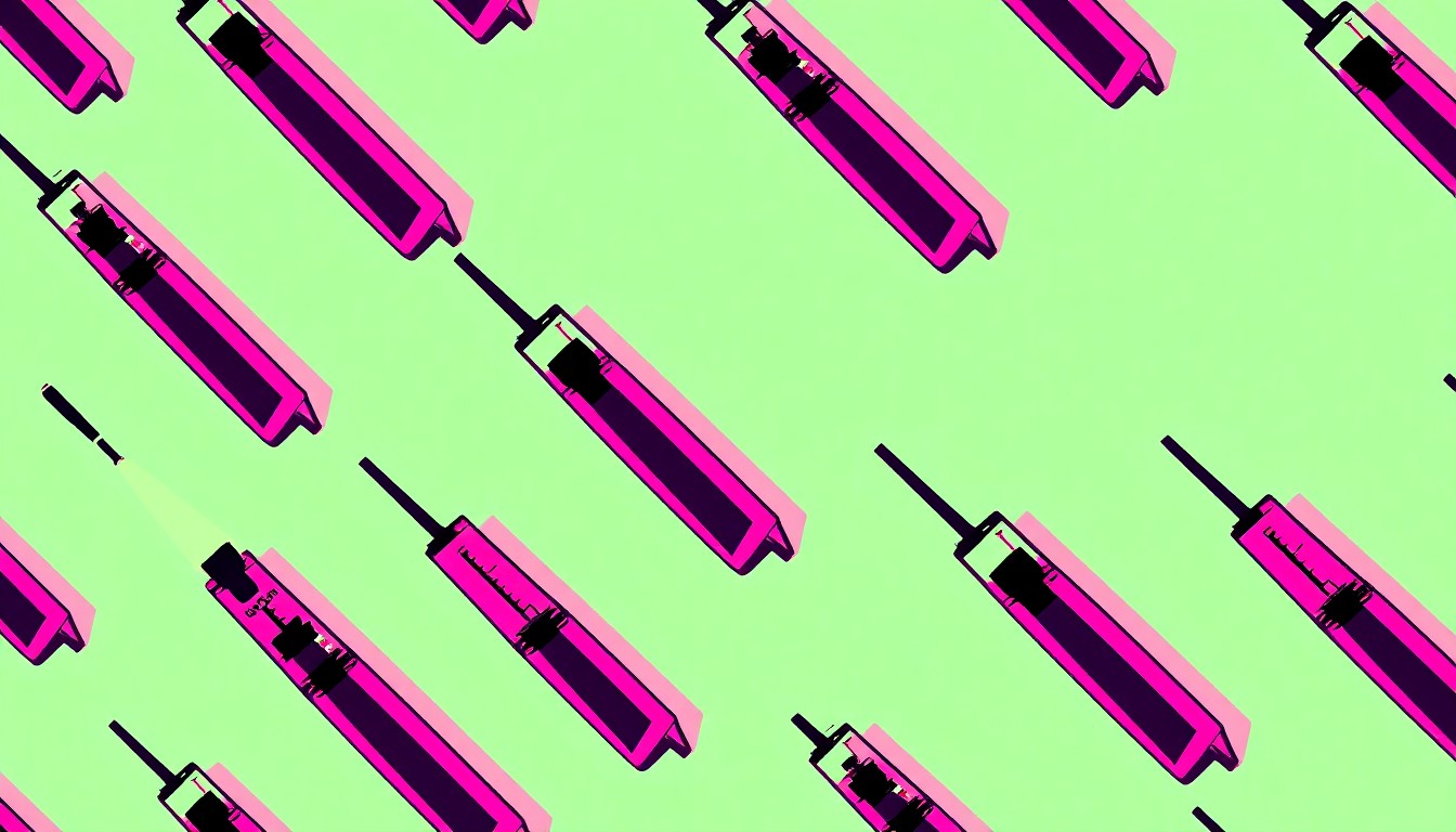 A high-contrast, silkscreen-style image of a hypodermic needle repeated in a grid, using vibrant neon colors and heavy black outlines to conceptually represent the opioid crisis impacting San Francisco's streets.