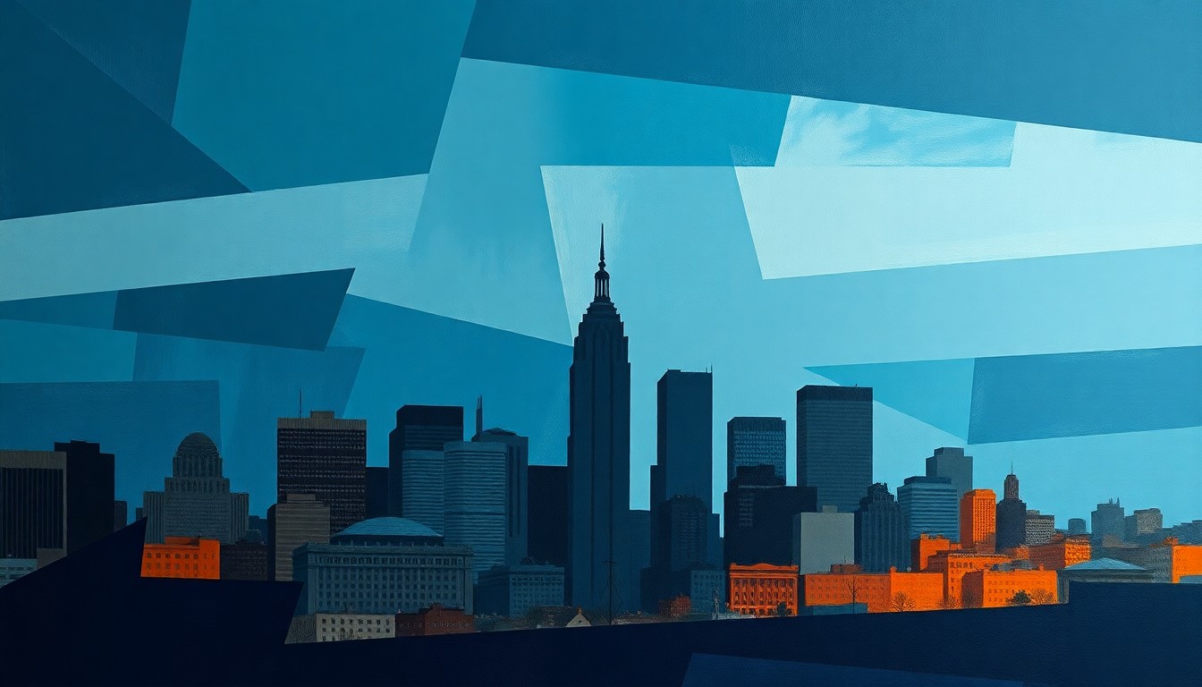 A conceptual, abstract painting depicting the Baltimore city skyline in fractured, overlapping geometric shapes in shades of blue, gray, and orange, representing the dynamic changes being proposed to the city's government oversight.