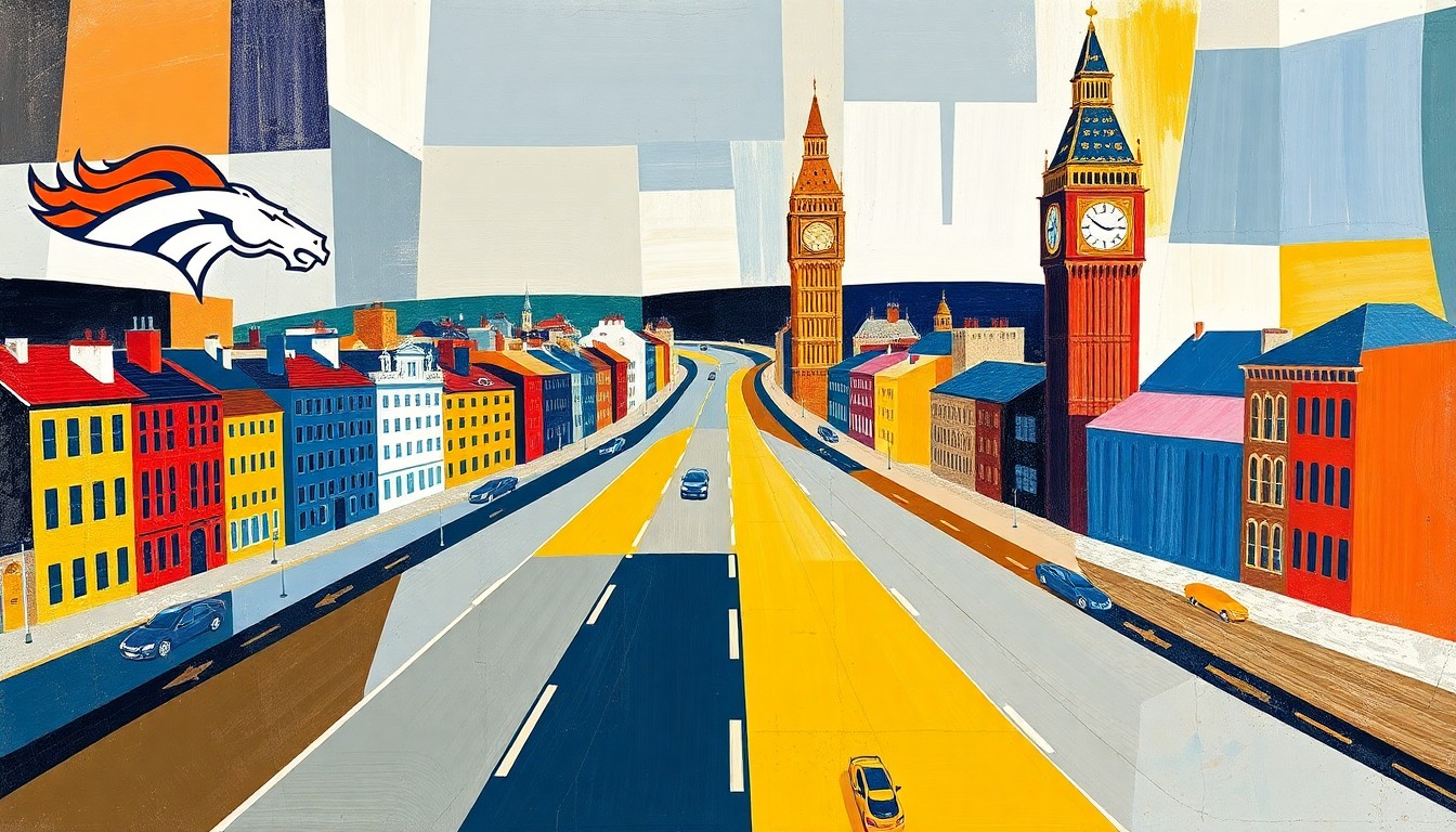 A cubist-style painting featuring fragmented, geometric shapes in shades of blue, orange, and green, conceptually representing the logistical challenges and multi-faceted nature of an NFL team's travel operations.