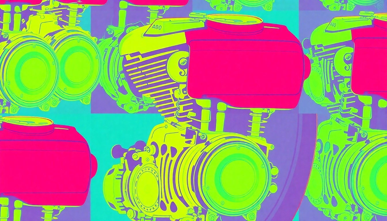 A brightly colored, high-contrast silkscreen print of a motorcycle engine component, such as a carburetor or cylinder head, repeated in a tight grid pattern with flat, vibrant neon colors and heavy black outlines, conceptually representing the custom bike culture and motorsports energy of Arizona Bike Week.