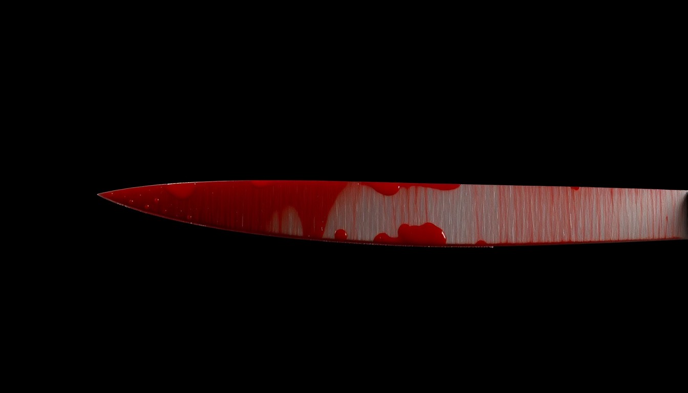 An extreme close-up of a single bloody knife blade reflecting a harsh, direct camera flash, conceptually representing the violence of a domestic homicide.
