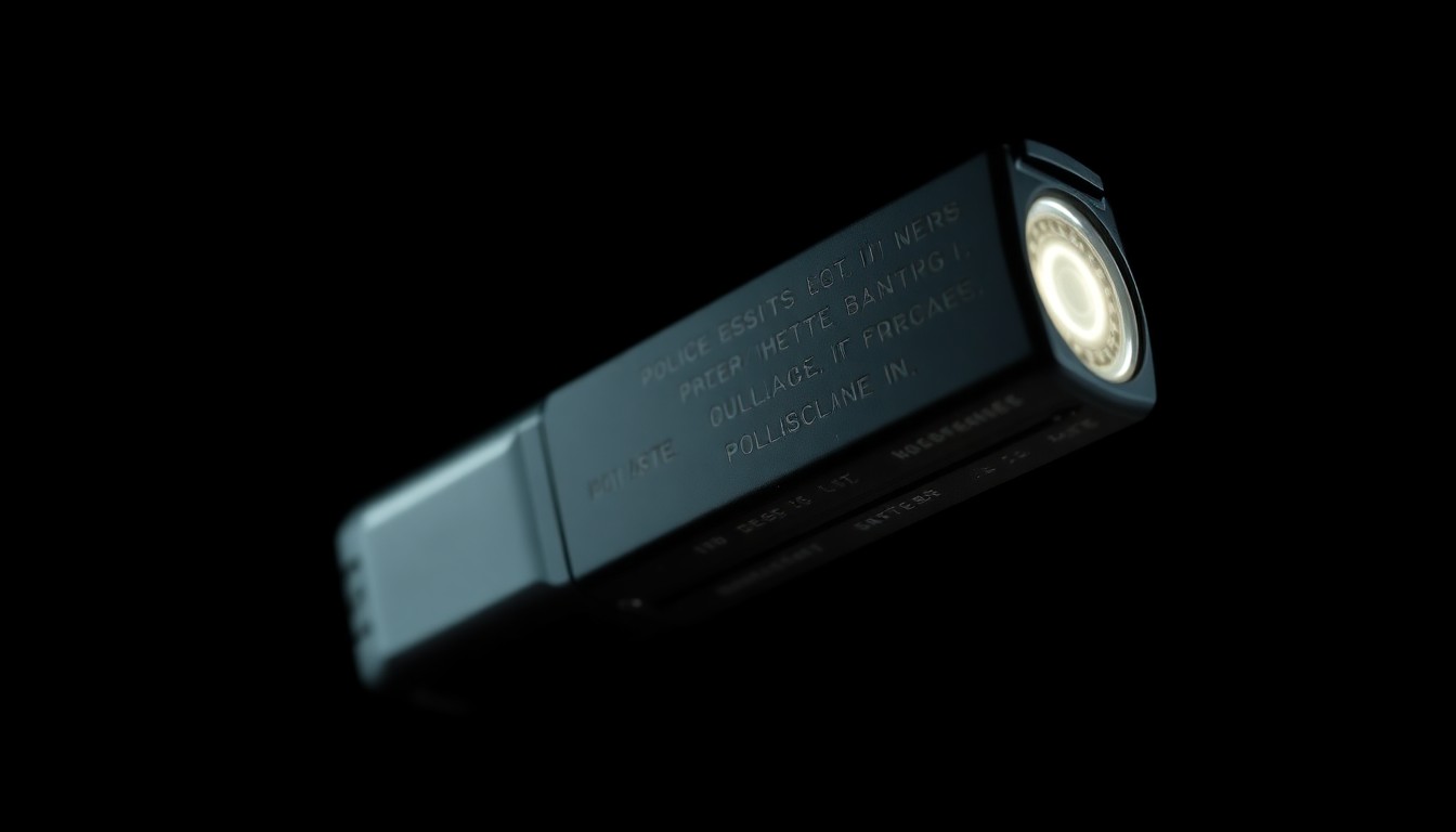 An extreme close-up photograph of a police taser or handgun magazine, lit by a harsh, direct camera flash against a pitch-black background, conceptually representing the stark, gritty details of a police shooting incident.
