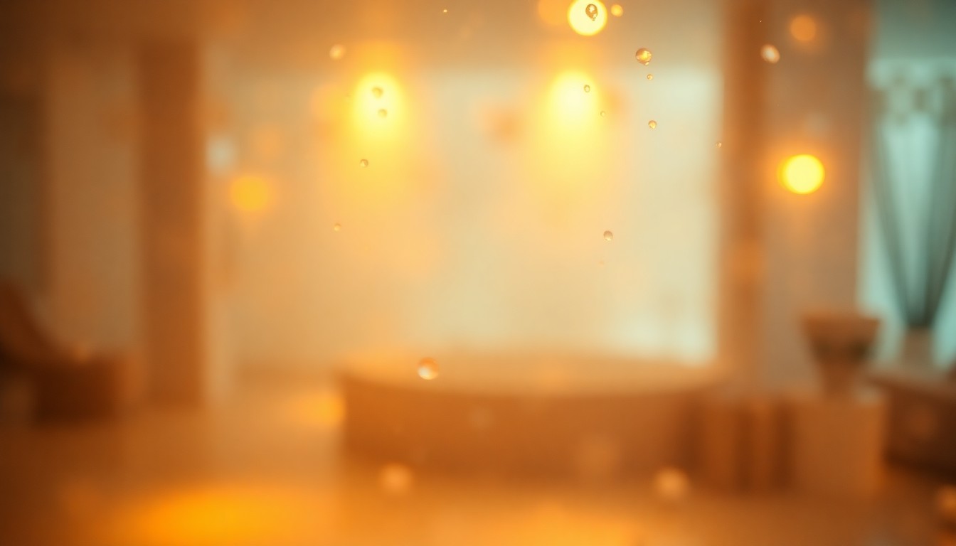 An extremely blurred and out-of-focus photograph composed of soft, warm pools of light and color, representing the relaxing and rejuvenating atmosphere of a medical spa.