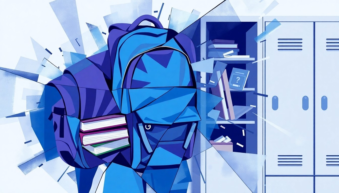A dynamic, fragmented painting of school supplies in shades of blue, purple, and grey, conceptually representing the disruption and uncertainty facing transgender students due to the administration's policy changes.
