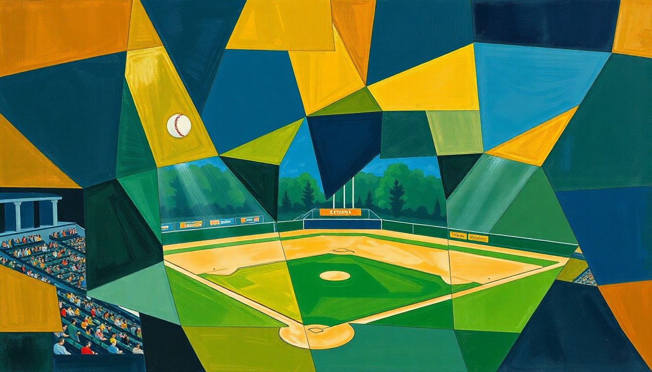 A fractured, multi-perspective painting depicting the dynamic movements and competitive energy of a high school baseball game, rendered in a cubist style with sharp geometric shapes and overlapping planes of navy, green, and ochre.