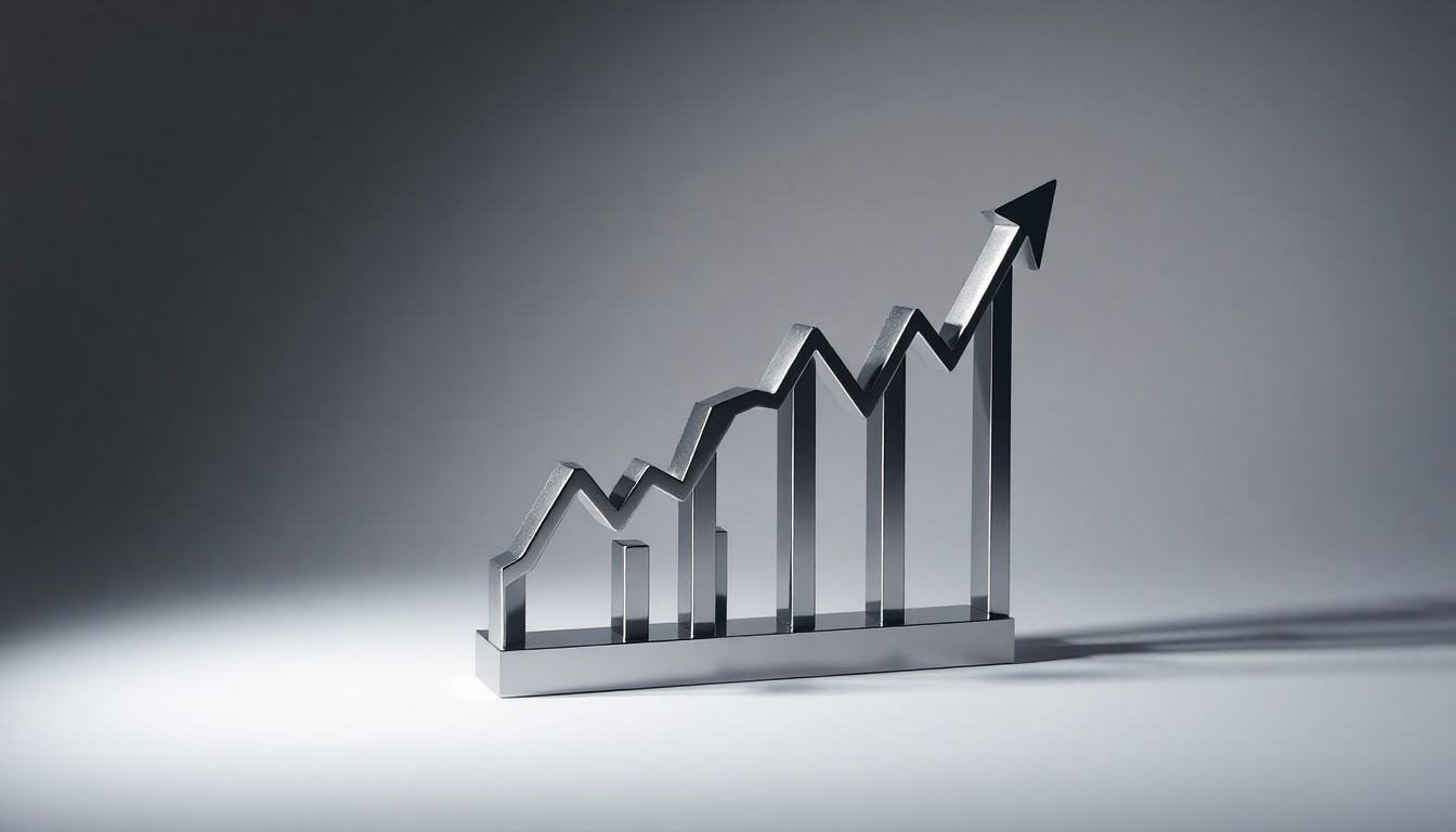 A minimalist, photorealistic studio still life featuring a polished metal sculpture in the shape of a stock chart, symbolizing CrowdStrike's corporate strategy and market performance.