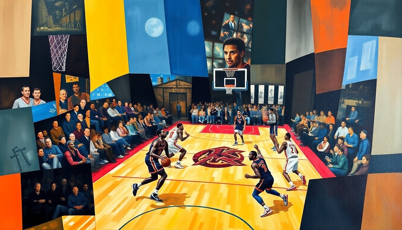 An abstract, cubist-style painting depicting the intensity and movement of a basketball game between the New York Knicks and Atlanta Hawks, with the players' figures broken down into sharp, overlapping geometric shapes and planes.