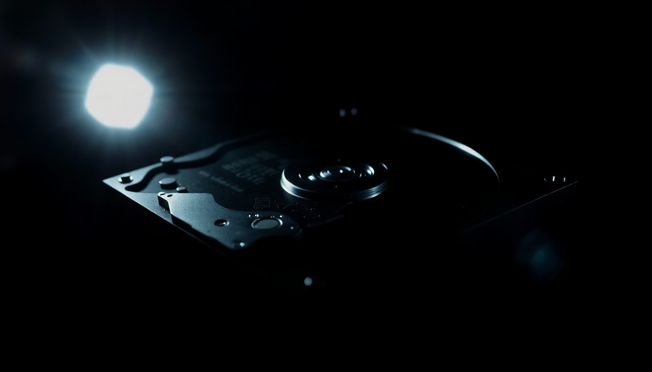 An extreme close-up photograph of a computer hard drive or storage device, lit by a harsh, direct camera flash against a pitch-black background, conceptually representing the gritty investigation into a former police officer's alleged crimes.