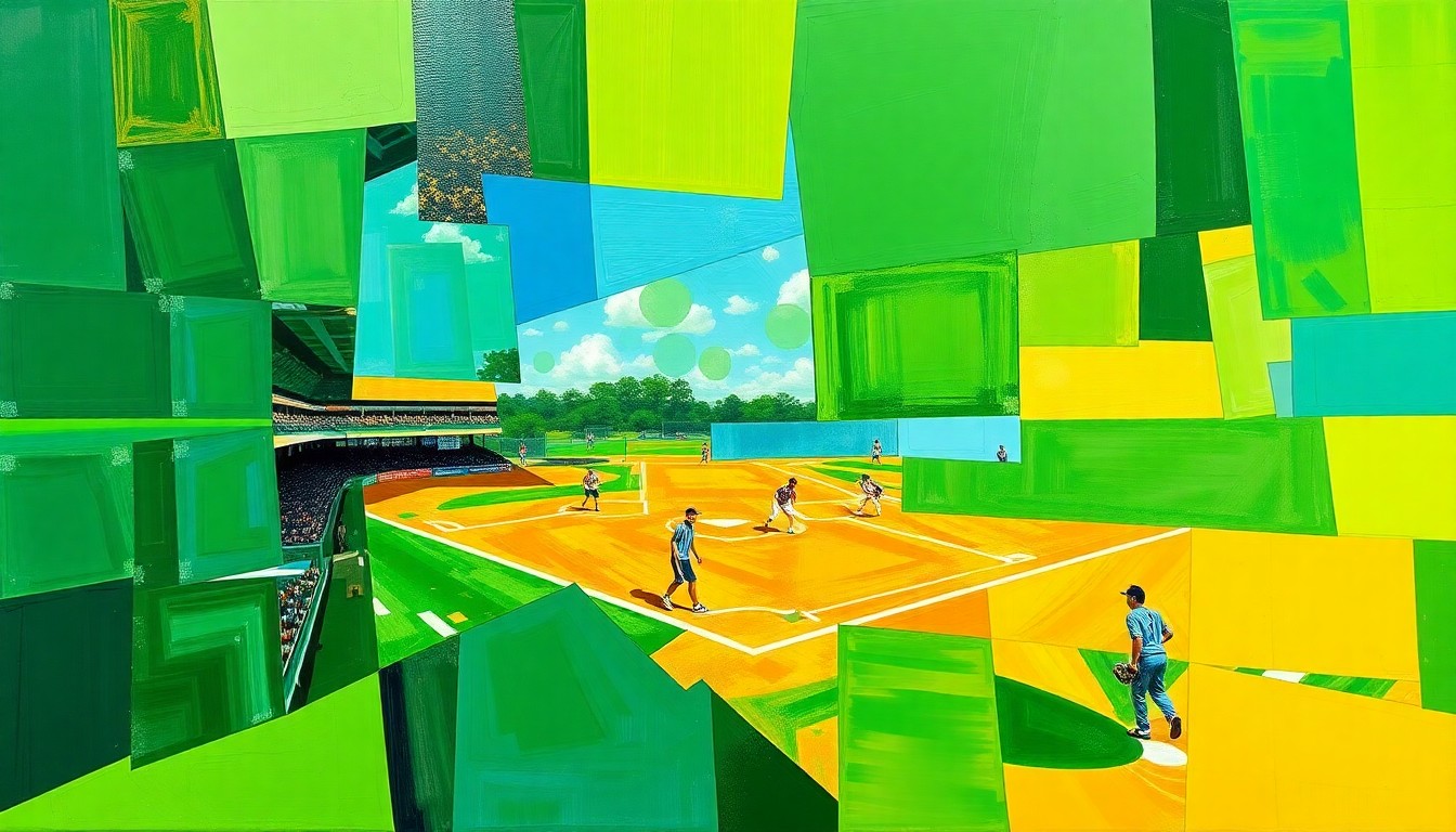A cubist-style painting featuring overlapping geometric shapes and planes of bright, vibrant colors representing the dynamic action of a high school softball game.