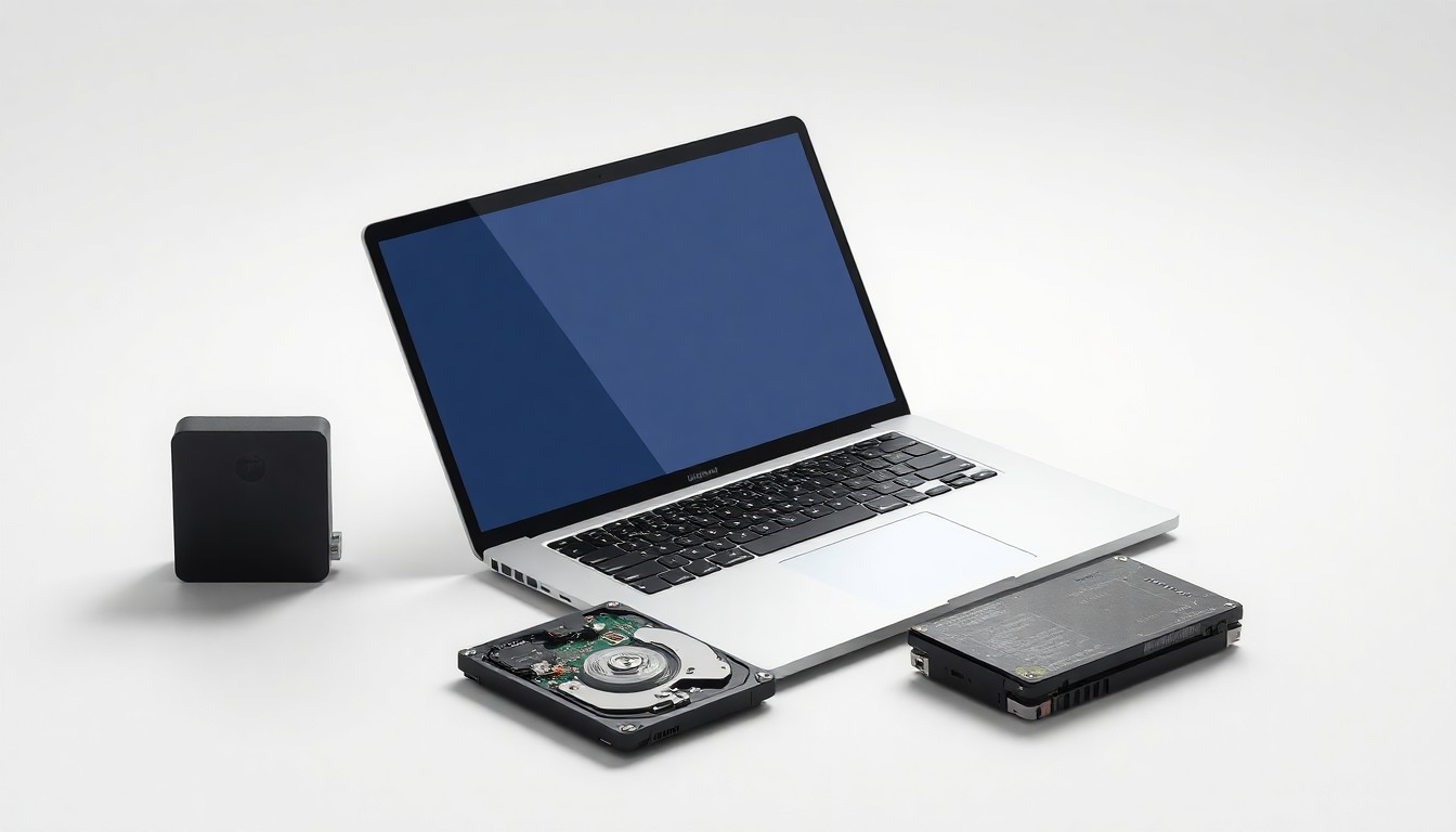 A high-end, photorealistic studio still-life photograph featuring a sleek, modern laptop computer, a compact hard drive, and a stack of circuit boards arranged elegantly on a clean, white seamless background, conceptually representing the data security and electronics recycling services provided by Phoenix Solutions.