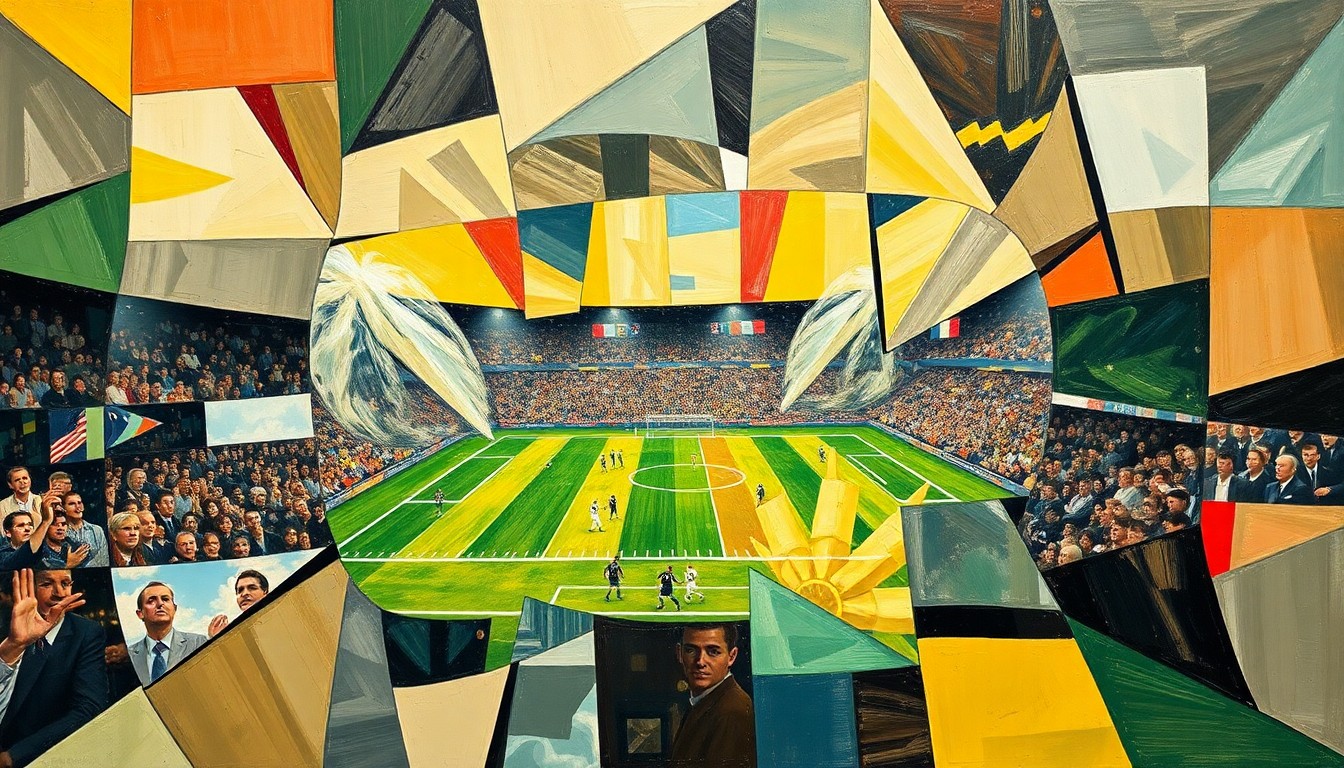 A cubist, geometric painting depicting a fragmented football game, with sharp, overlapping shapes and planes representing the complex strategic decisions facing the Chargers' front office.