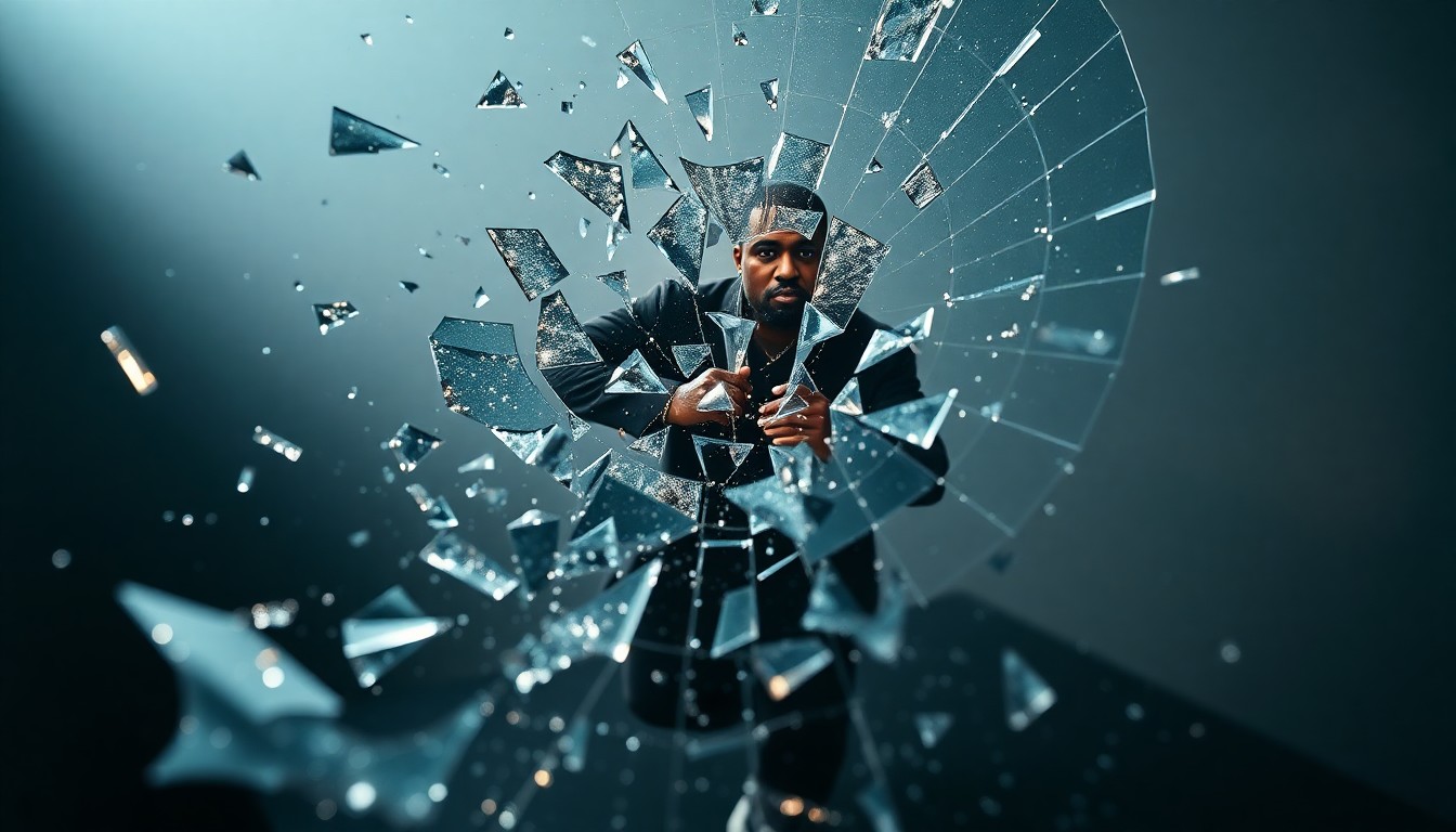 An extreme close-up photograph of shattered glass and glittering shards, capturing the fractured relationship between Kanye West and the Jewish community in a high-contrast, high-fashion aesthetic.