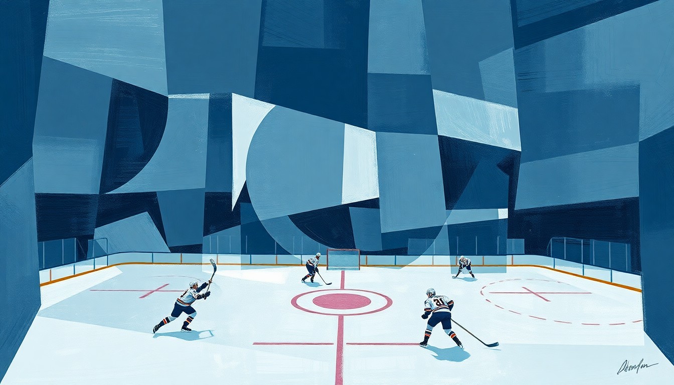 A cubist-style painting featuring overlapping geometric shapes and planes in muted blues, grays, and whites, conceptually representing the fragmented and complex nature of a controversy over a Nazi salute incident at a Dallas Stars hockey game.