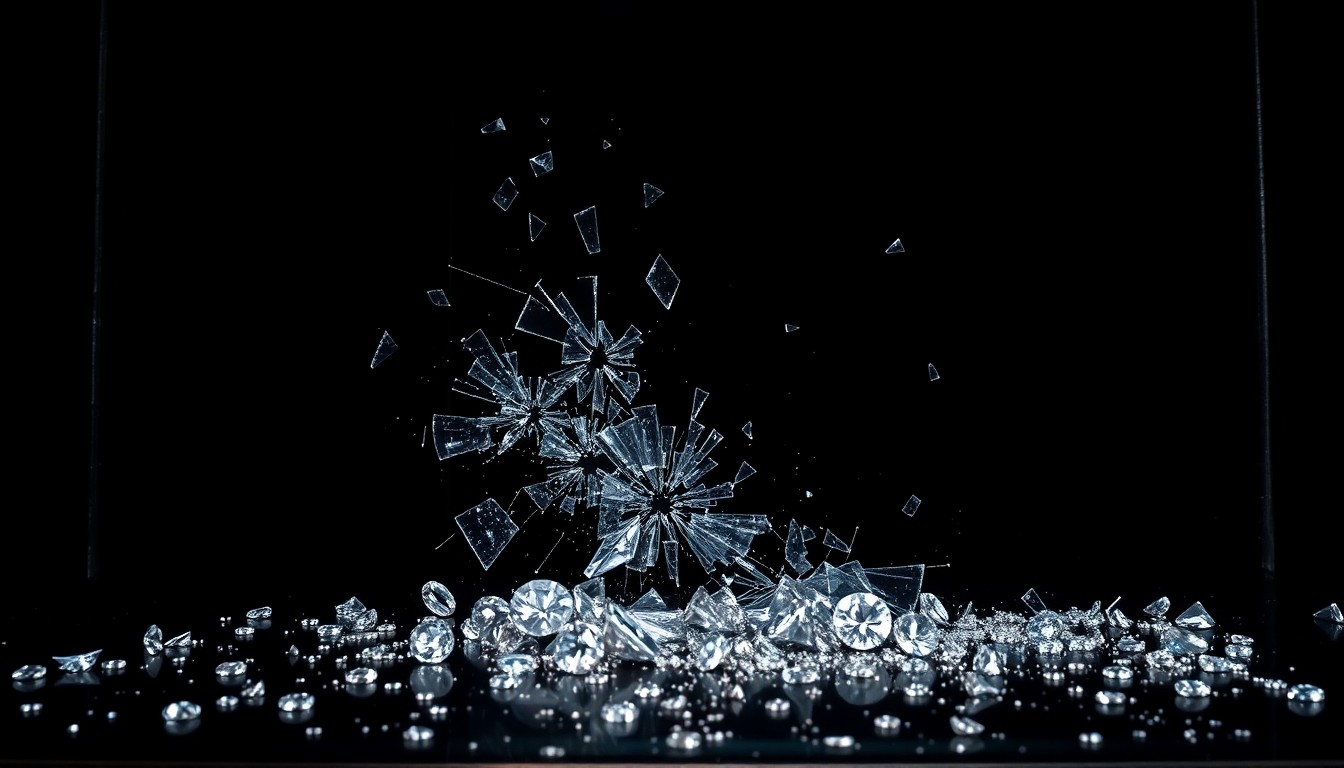 An extreme close-up photograph of a shattered jewelry display case, with broken glass and scattered gems reflecting a harsh, direct camera flash, conceptually representing the aftermath of a retail robbery.
