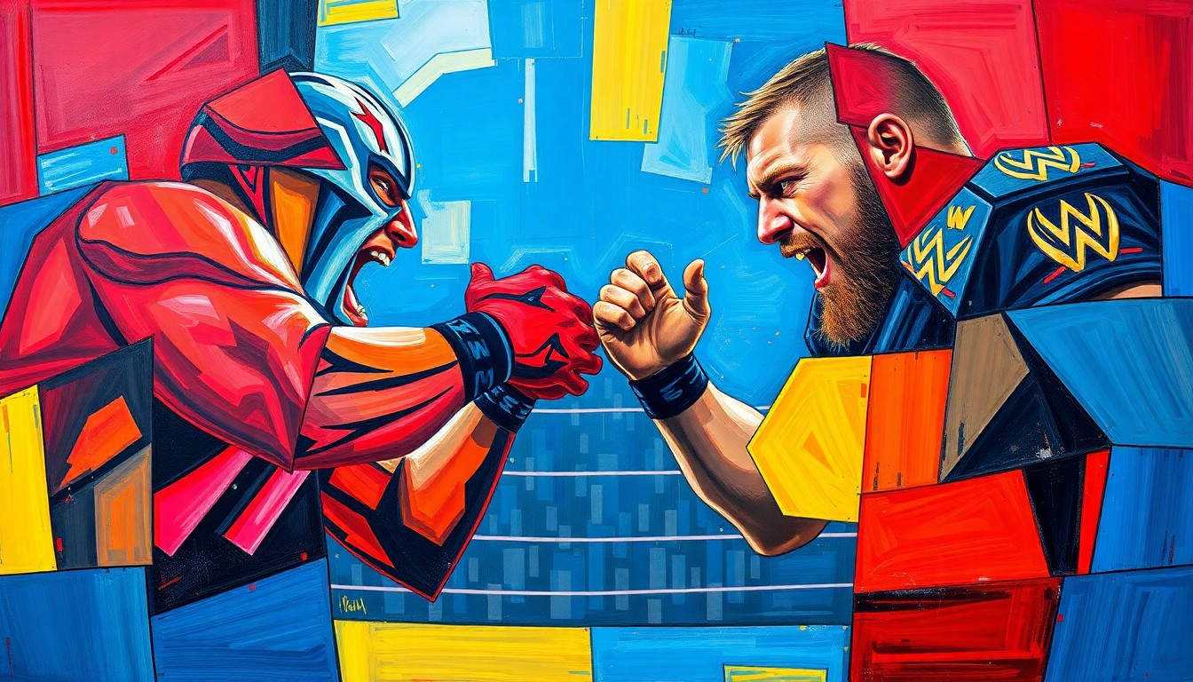A fractured, geometric painting in bold colors depicting the dynamic action and tension of a wrestling match, representing the conceptual clash between two powerful WWE competitors.