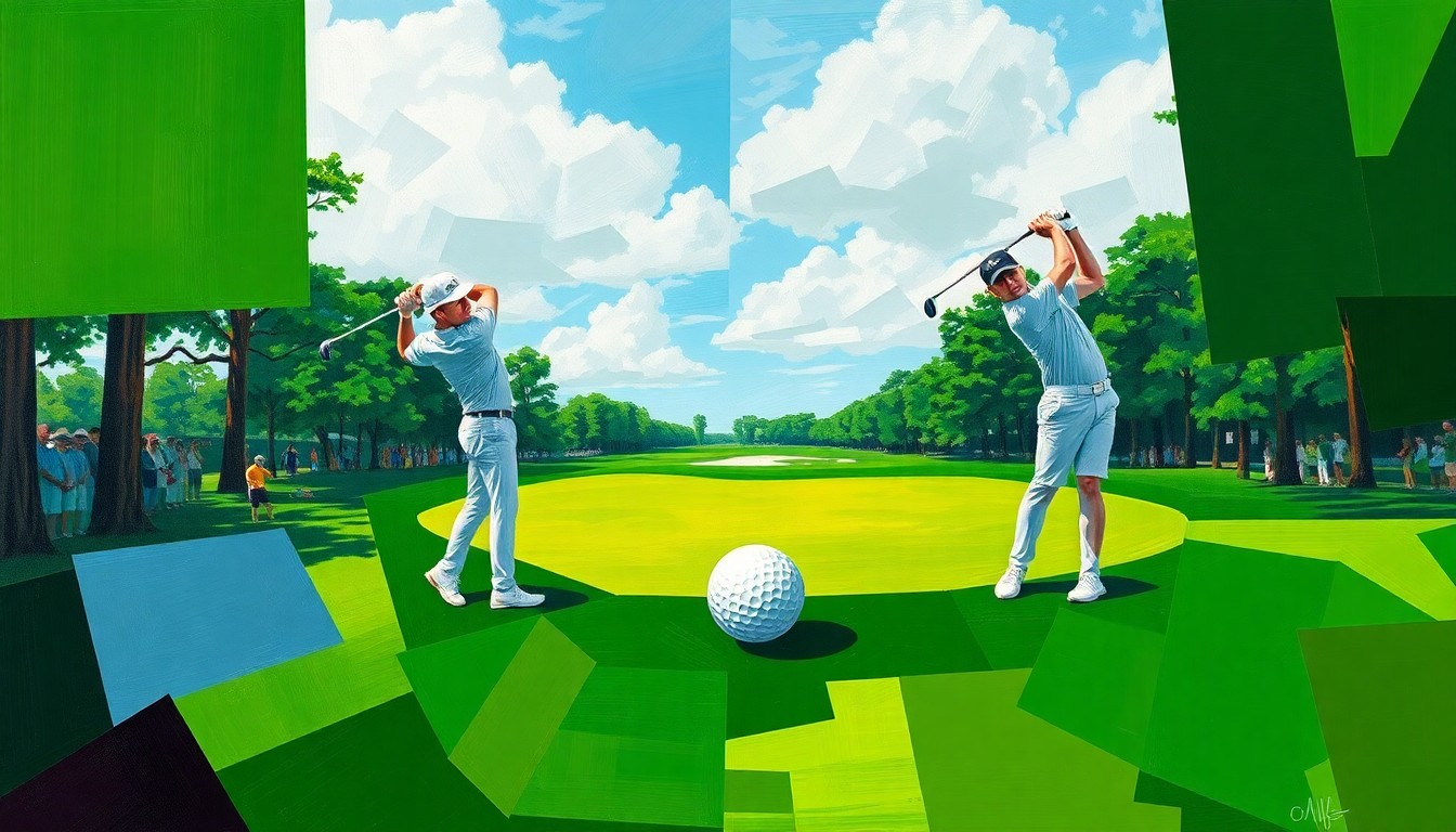 A fractured, multi-perspective painting depicting Scottie Scheffler's golf swing and the 13th hole at Augusta National, with sharp, overlapping geometric planes in shades of green and white.