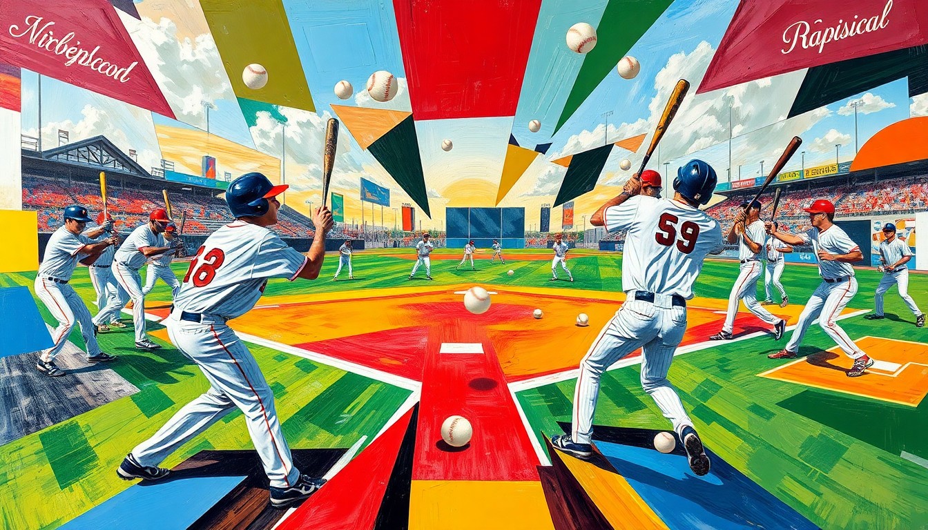 A cubist, geometric painting depicting the motion and action of a high school baseball game, with fragmented shapes and planes representing the players, bats, and baseballs in a vibrant, kinetic composition.