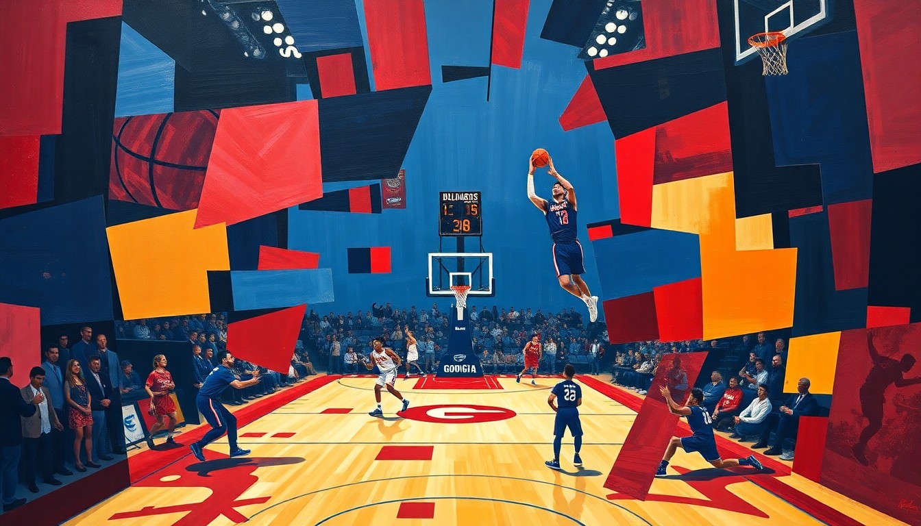 A fragmented, cubist-style painting depicting a basketball game broken down into sharp, overlapping geometric shapes in navy blue, red, and gold, conceptually representing the roster changes and rebuilding process facing the Georgia Bulldogs men's basketball team.