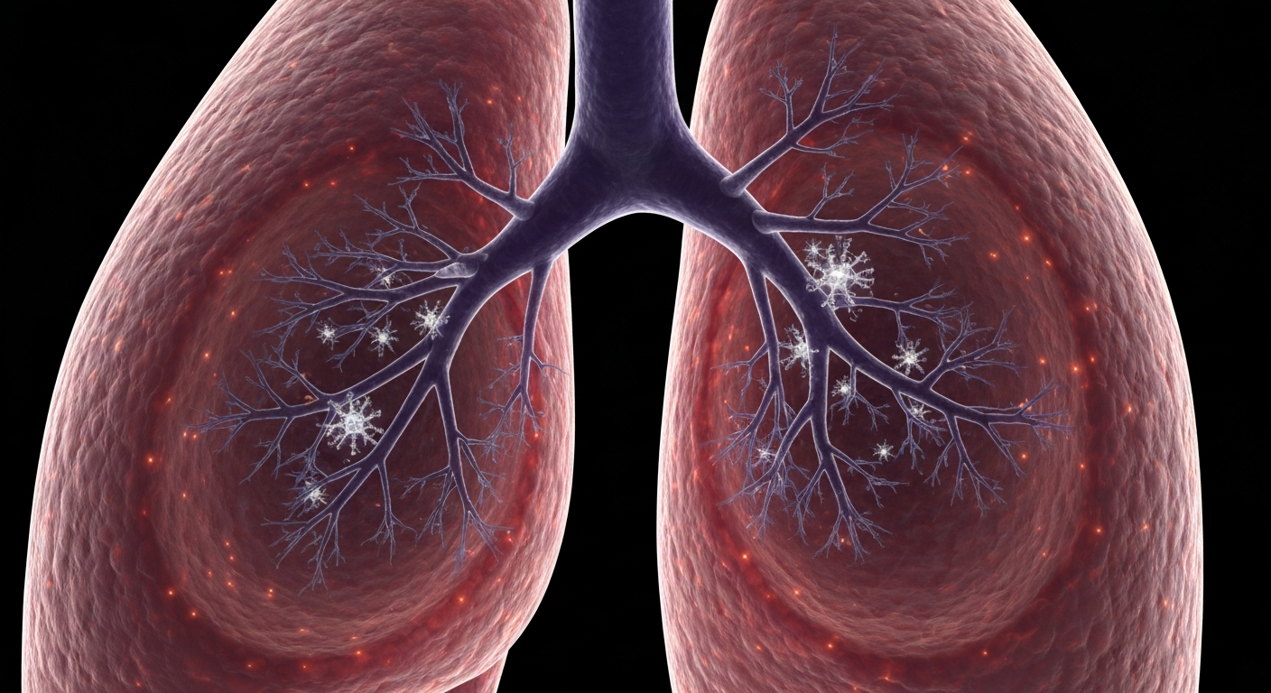 A ghostly, translucent X-ray image of a human lung, glowing with a faint viral infection, conceptually representing the threat of a measles outbreak.