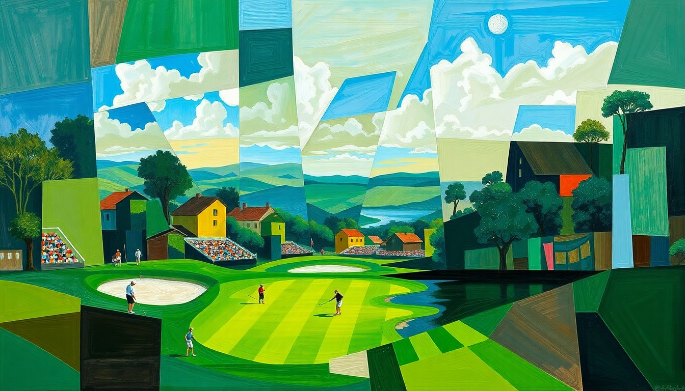 A fragmented, geometric painting in shades of green, blue, and brown, capturing the dynamic movement and competition of a golf tournament through Picasso-esque abstraction.