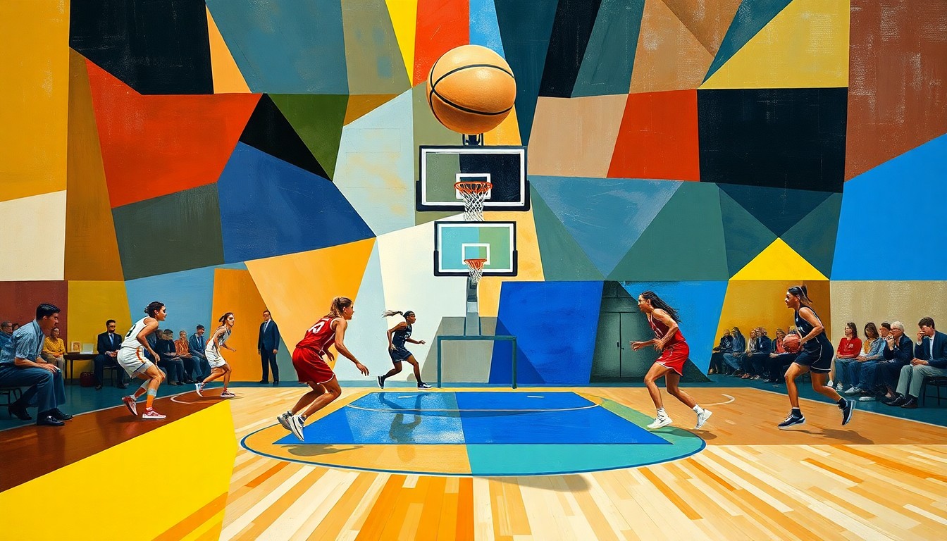 A fragmented, geometric painting depicting the abstract shapes and planes of a women's basketball game, capturing the dynamic movement and energy of the sport.