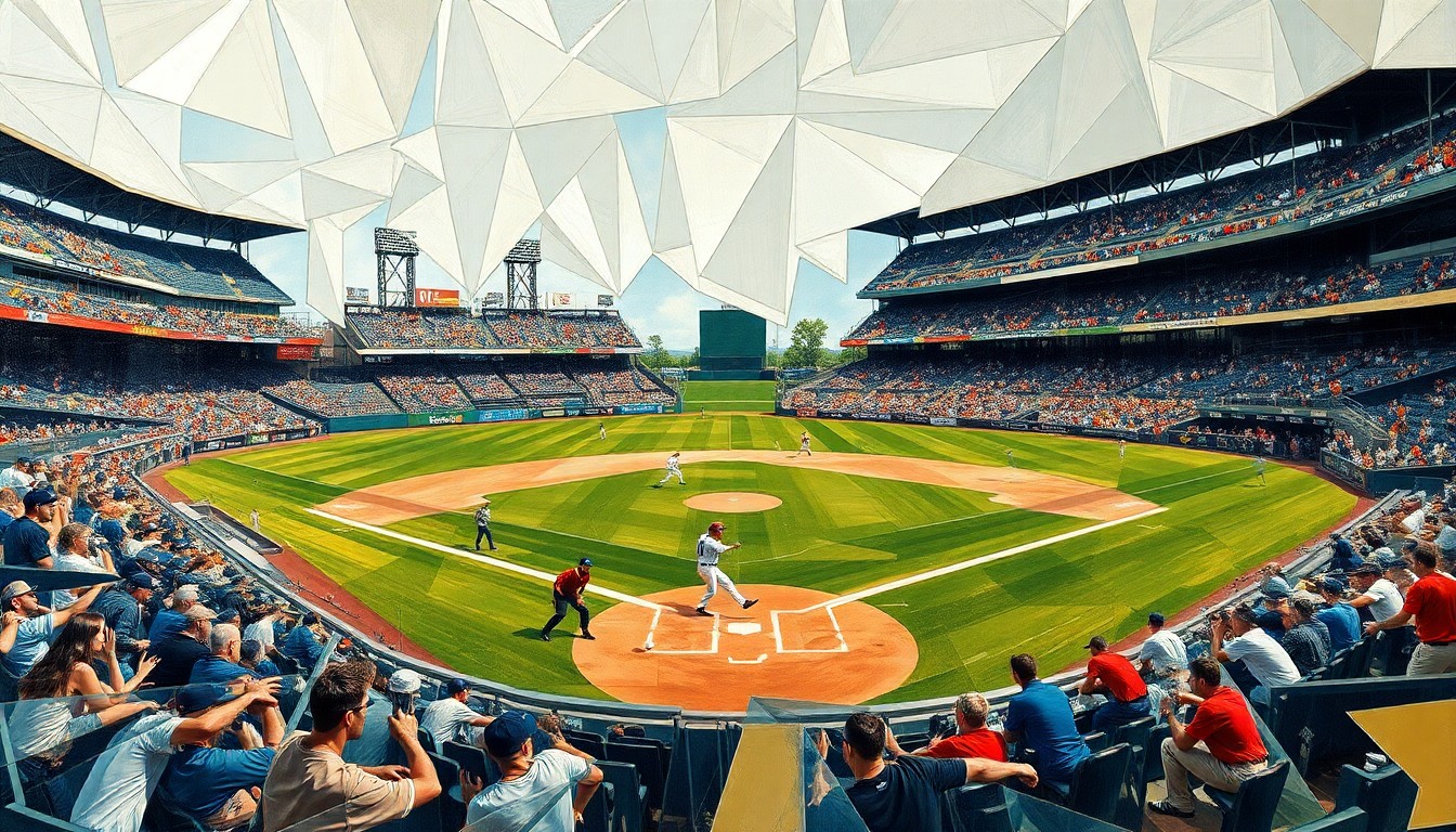 A fractured, geometric painting depicting the collision and tension between baseball players, with sharp planes and overlapping shapes representing the physical and emotional dynamics of the moment.