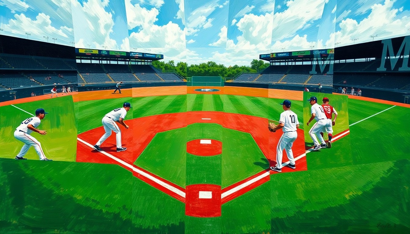 A fragmented, geometric painting depicting the action and energy of a high school baseball game, with sharp planes of green, red, and white representing the field, players, and uniforms.
