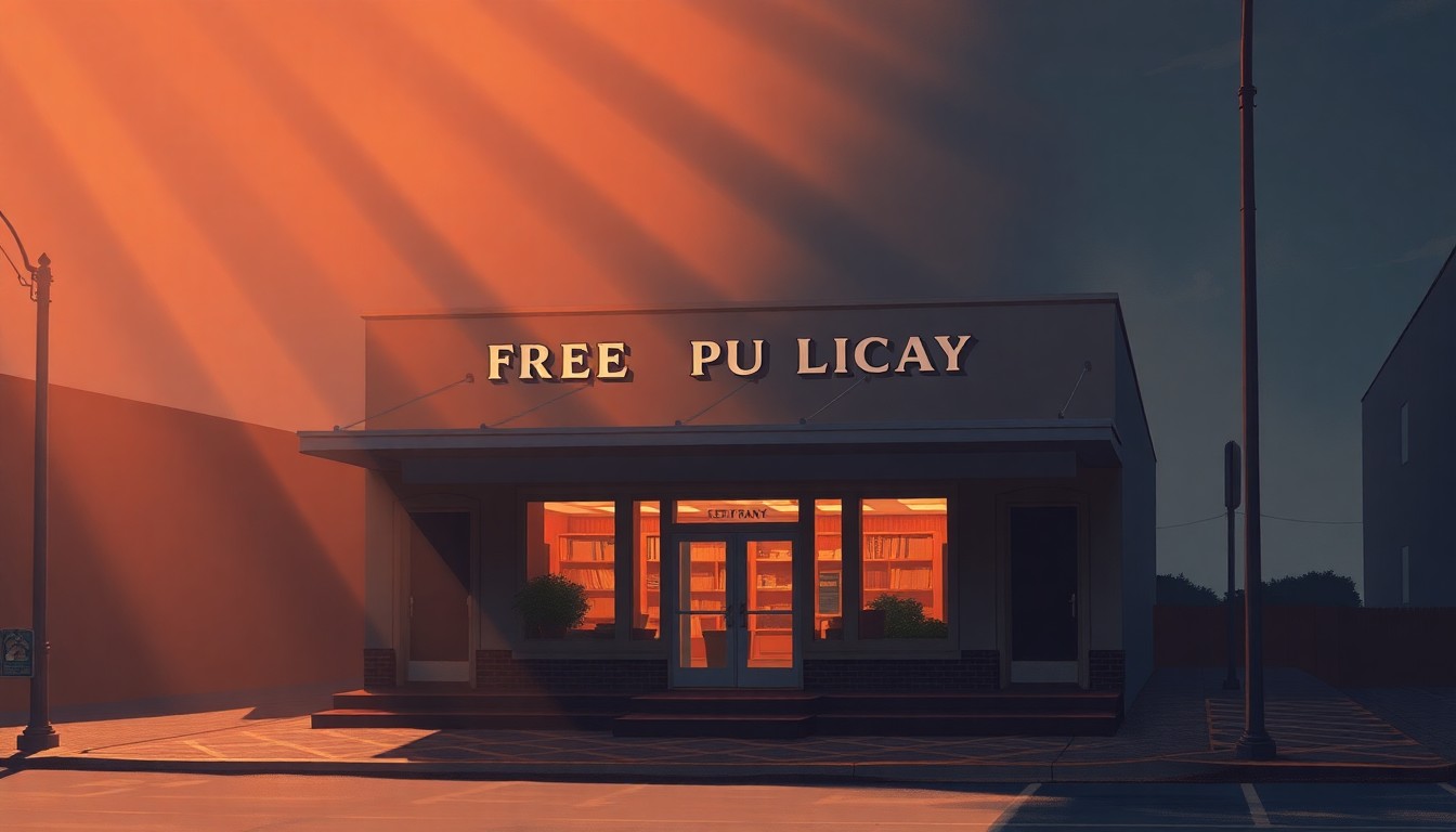 A nostalgic, cinematic painting of the exterior of a public library building, with warm sunlight casting long shadows across the facade and surrounding area, conveying a sense of civic engagement and community.