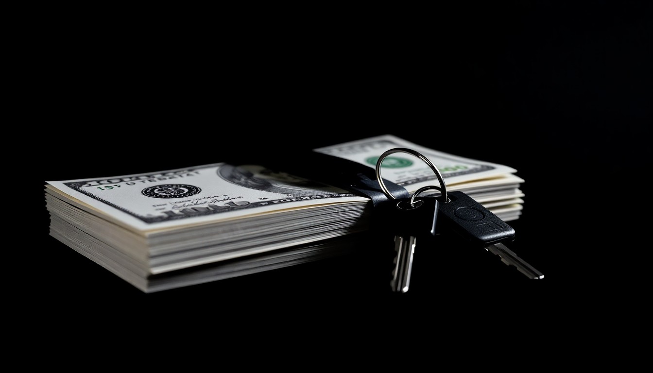 An extreme close-up photograph of a stack of cash and a set of car keys against a pitch-black background, conceptually representing the financial corruption at the heart of this crime.