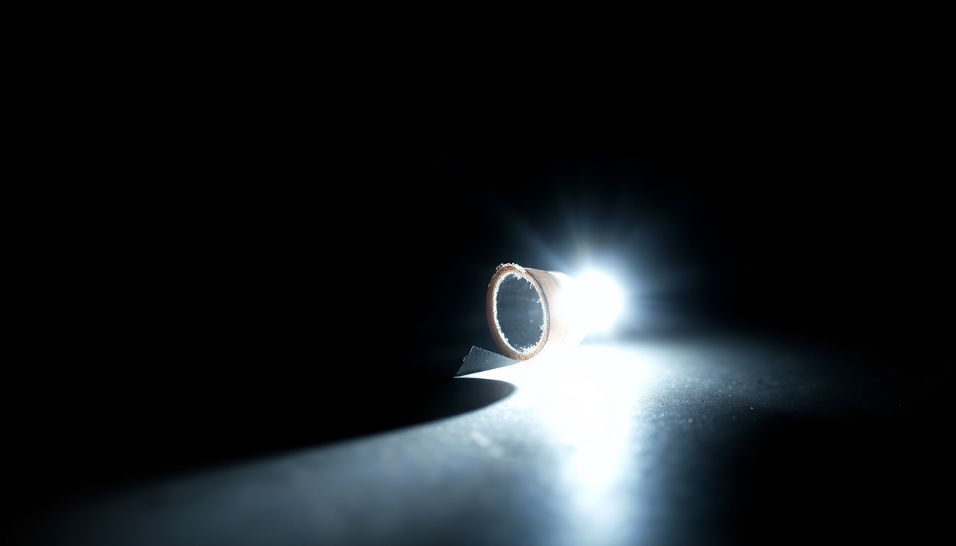 An extreme close-up photograph of a bullet casing or other physical evidence from a crime scene, lit by a harsh, direct camera flash against a pitch-black background, conceptually illustrating the investigation into a law enforcement shooting incident.