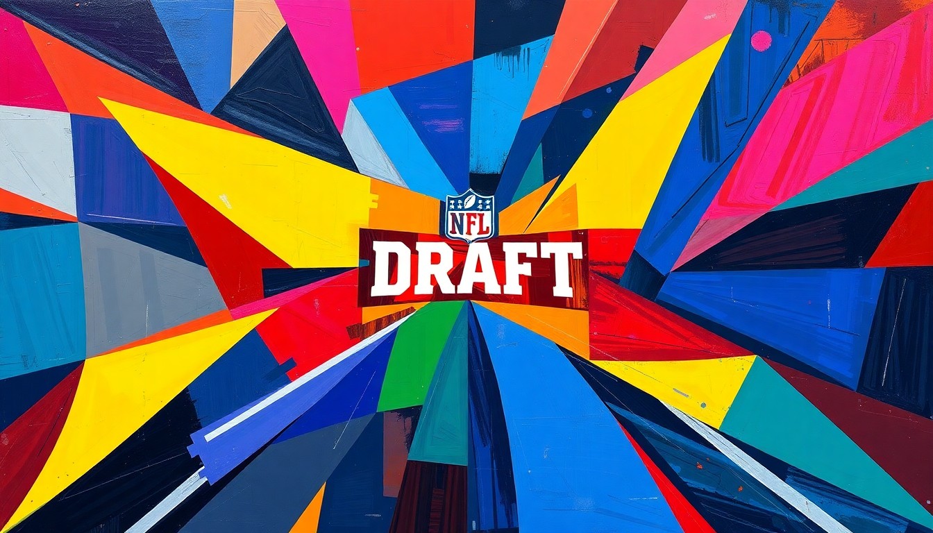A cubist, geometric painting in bright team colors, capturing the dynamic energy and anticipation of the NFL Draft through fragmented, overlapping shapes and planes.