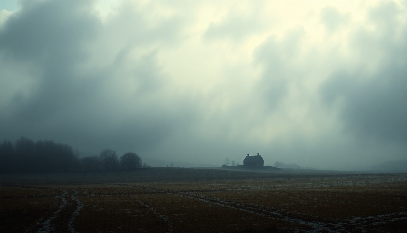 A sweeping, atmospheric landscape painting in muted tones of gray, blue, and white, with a lone farmhouse barely visible in the distance, surrounded by a vast, fog-shrouded expanse that conveys the overwhelming scale and power of the natural world.