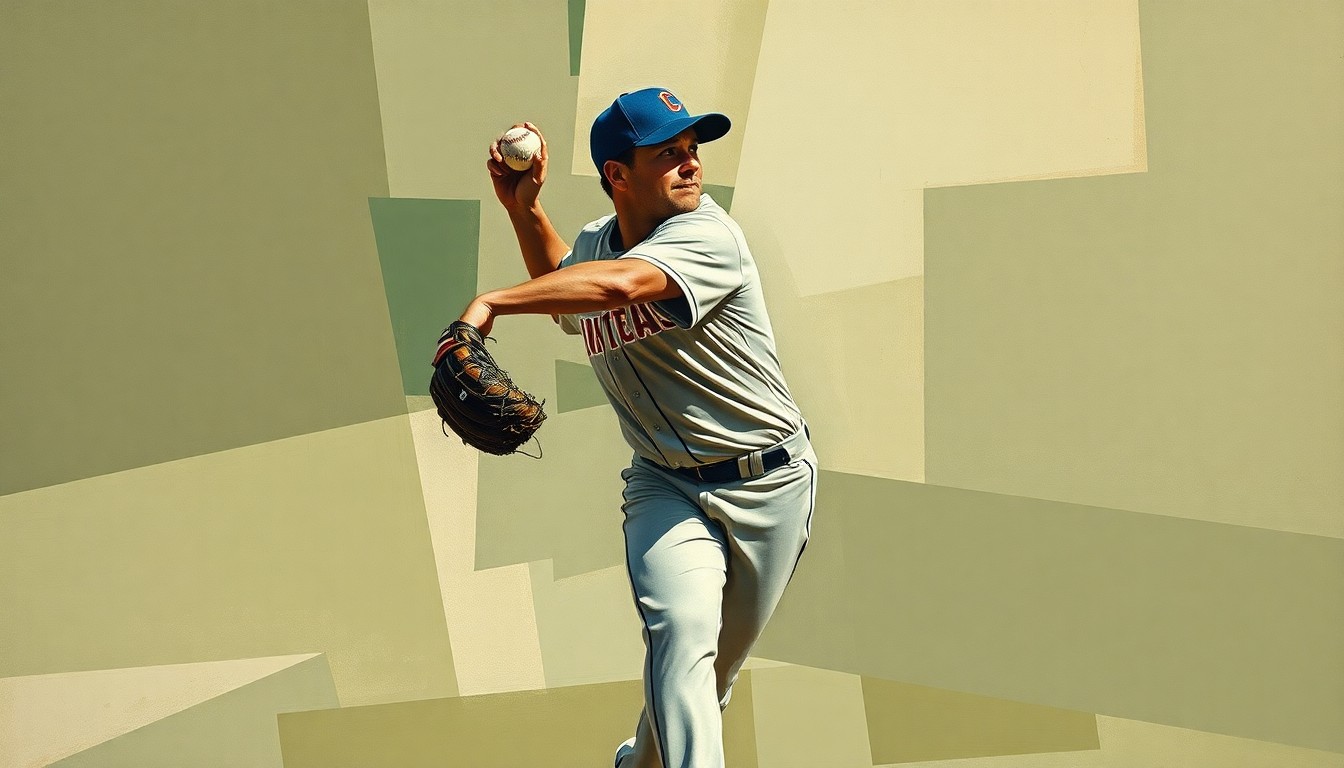 A cubist, geometric painting depicting the fractured motion of a baseball pitcher, with muted earth tones representing the Red Sox's early-season struggles.