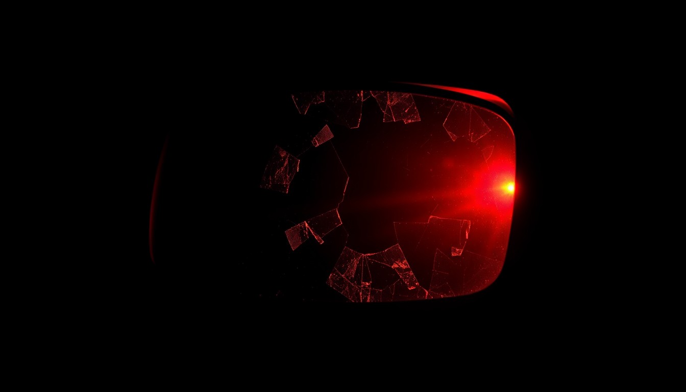 An extreme close-up of a shattered car side mirror reflecting a faint red light, conceptually illustrating the aftermath of a fatal pedestrian crash caused by impaired driving.