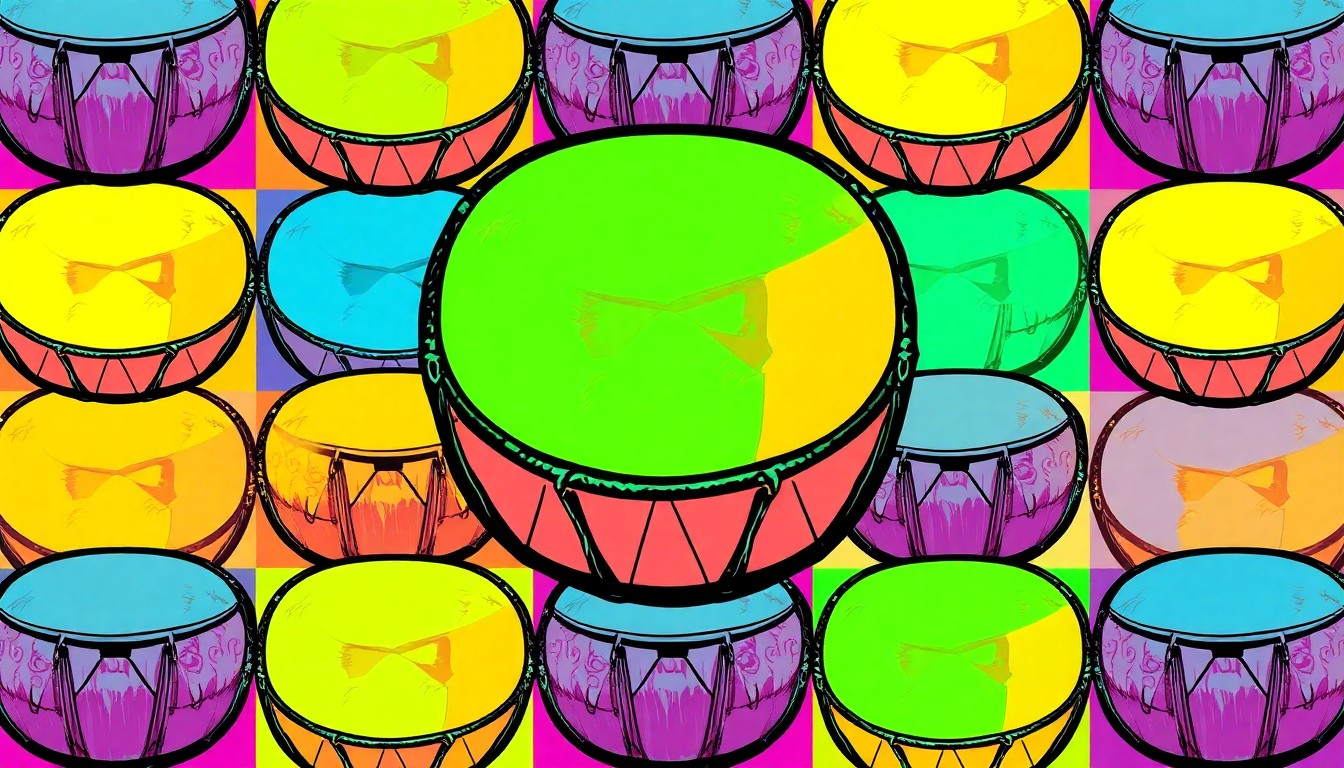 A bold, colorful silkscreen-style illustration featuring a traditional Alaska Native drum repeated in a grid pattern, rendered in a high-contrast, neon color palette that evokes the pop art style of Andy Warhol, conceptually representing the cultural importance of preserving endangered Indigenous languages.