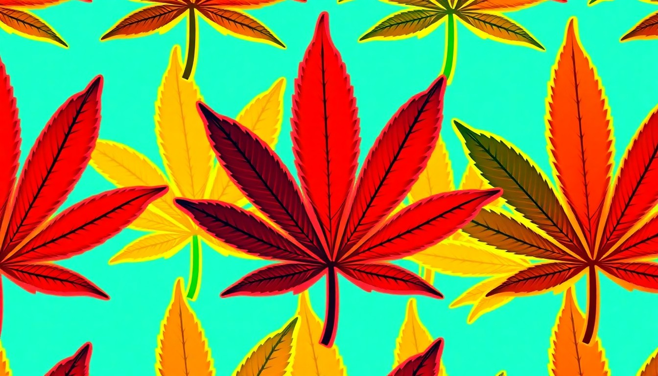 A bold, abstract silkscreen print featuring a repeating pattern of a cannabis leaf in neon green, yellow, and pink hues, conceptually representing the lively energy and visual style of a 4/20 festival.