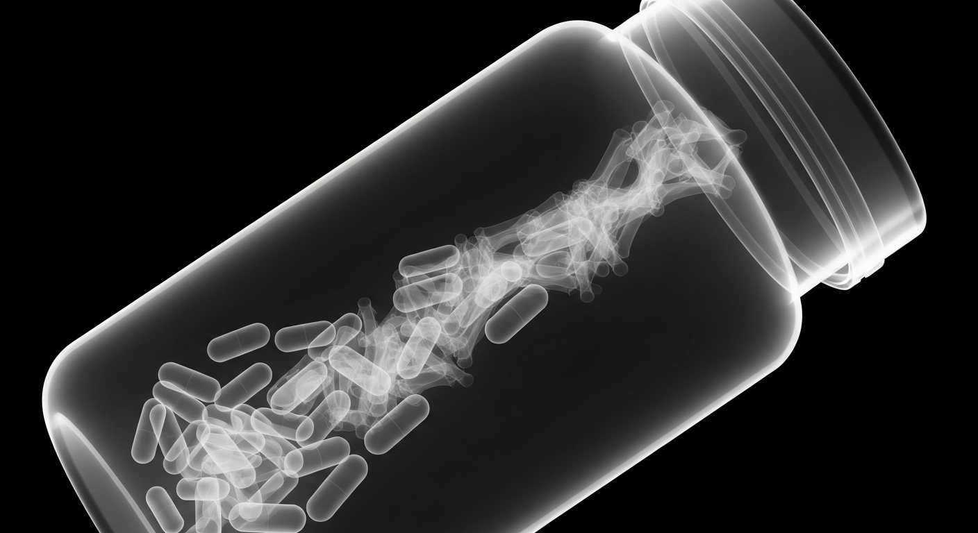 A ghostly, translucent X-ray image of an opioid pill bottle, its internal structure glowing against a dark background, conceptually illustrating the hidden dangers of the opioid epidemic.