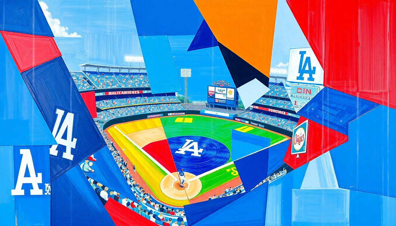 A fractured, geometric painting depicting a baseball game in motion, with sharp planes of Dodgers blue, Toronto blue, and red accents, capturing the raw energy and action of the high-scoring affair.