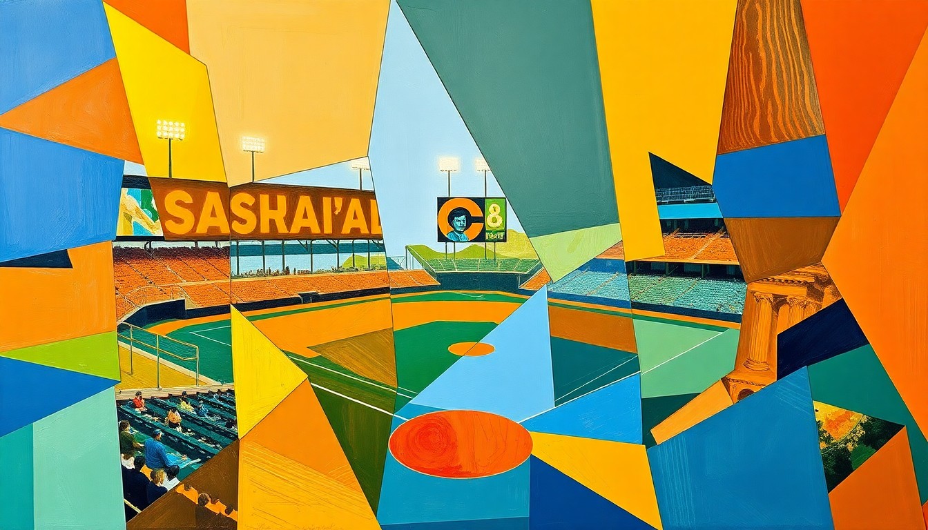 A fragmented, geometric painting in shades of orange, blue, and green, depicting the chaotic energy and overlapping perspectives of a baseball game or match, conveying the frustrations of the Giants' poor start to the season.