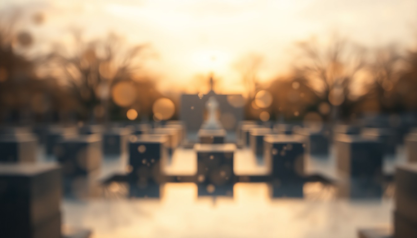 An abstract, blurred scene of warm, diffused light and color, conveying a sense of quiet contemplation and remembrance.