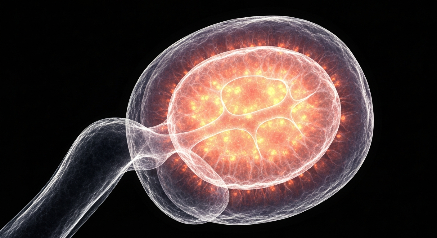 An extreme close-up, translucent X-ray image revealing the intricate, ghostly internal structures of a human mitochondrion, the energy-producing organelle within cells. The image conceptually illustrates the complex biological mechanisms and the immune system's sensitivity to these structures.