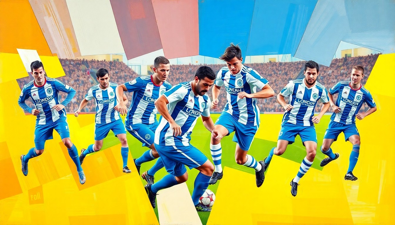 A fractured, multi-perspective painting in bold, geometric shapes and vibrant colors representing the intense action and emotion of a soccer match between Lincoln City and Reading.